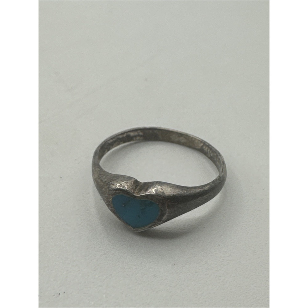 Vintage Sterling Silver Turquoise Inlaid Heart Ring - 925 Size‎ 6 Marked FAS